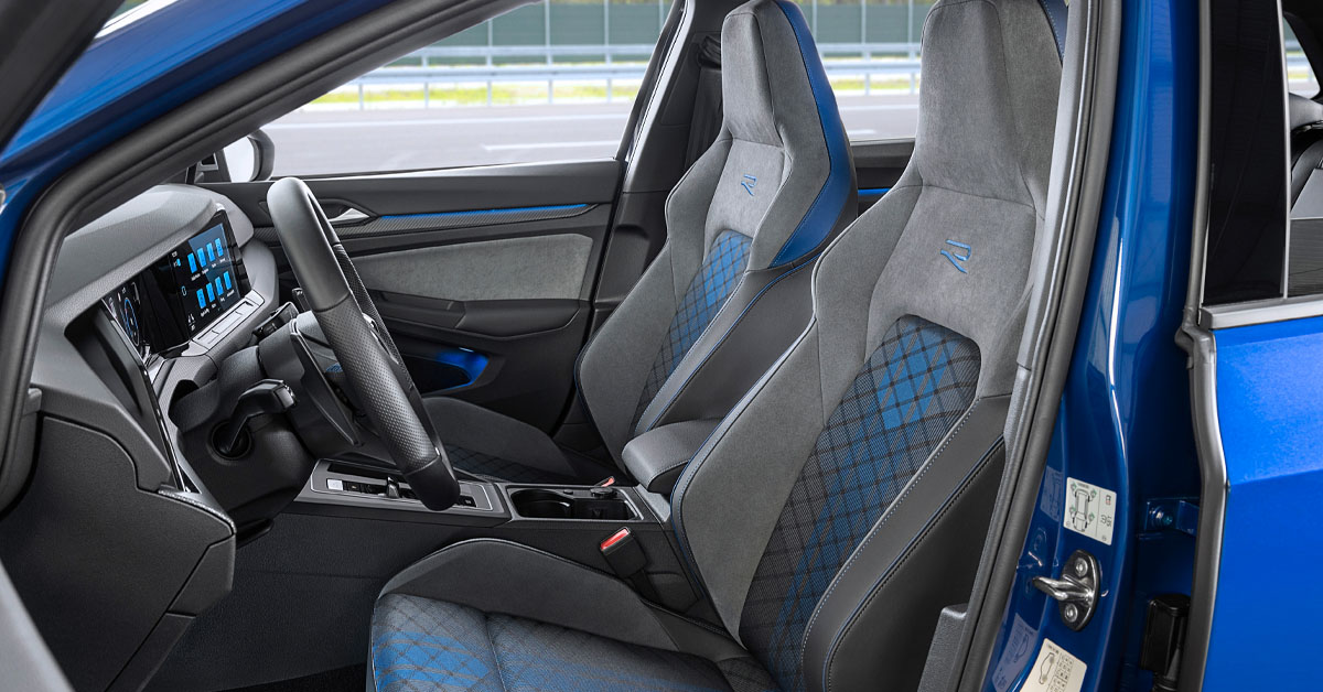 An image of the 2022 Volkswagen Golf R Estate showing the front area with the front seats included