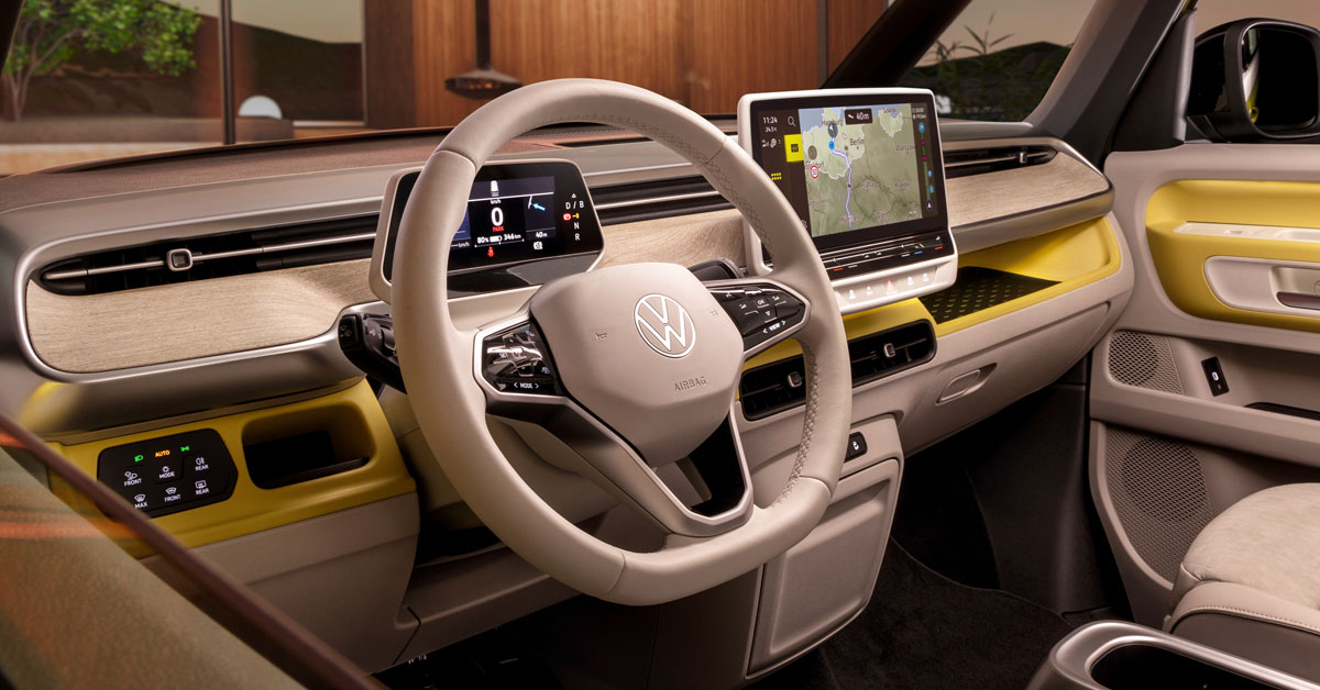 An image of the interior of the new 2022 Volkswagen ID. Buzz interior showing the steering wheel and dashboard