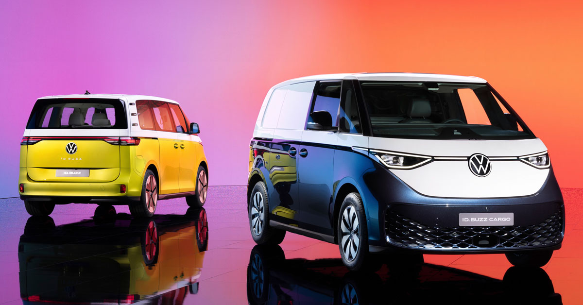 A promotional shot of two 2022 Volkswagen ID. Buzz vans together