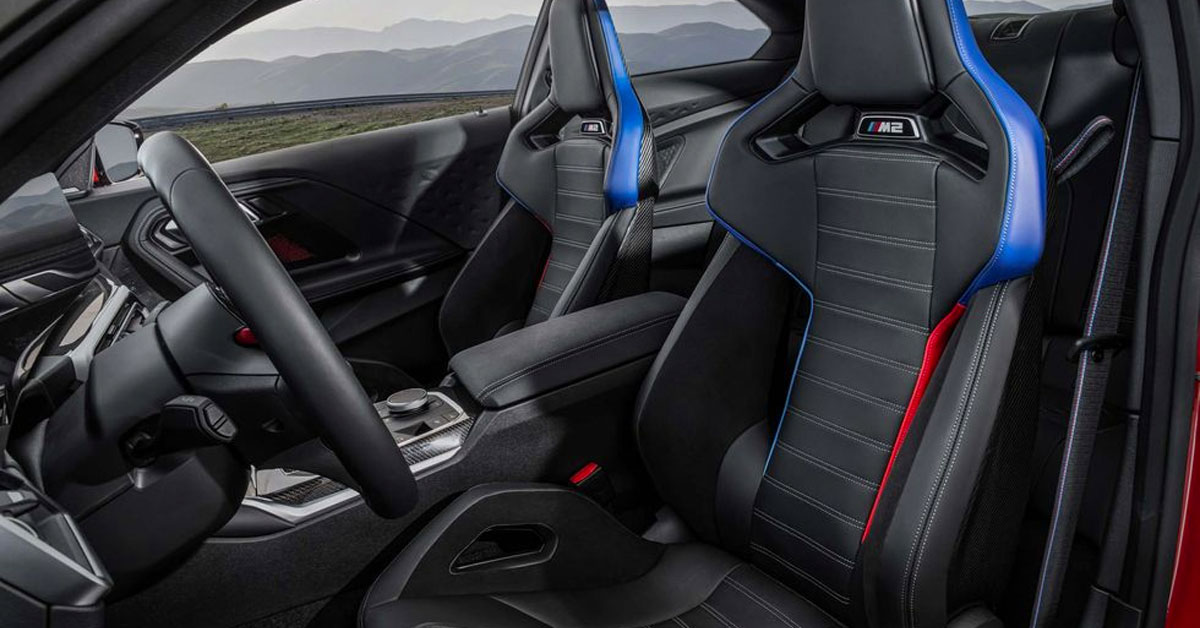 An image of the 2023 BMW M2 Coupe showing the interior M sports seats