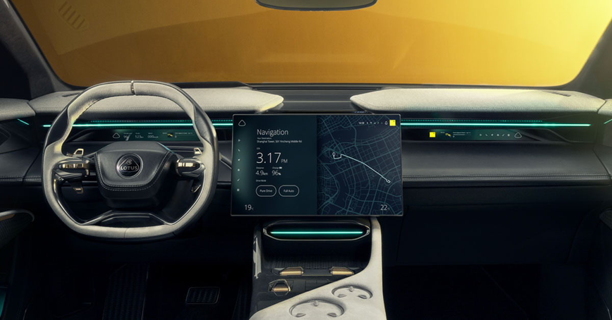 An image of the front dashboard taken from the rear seats of the 2023 Lotus Eletre all-electric SUV