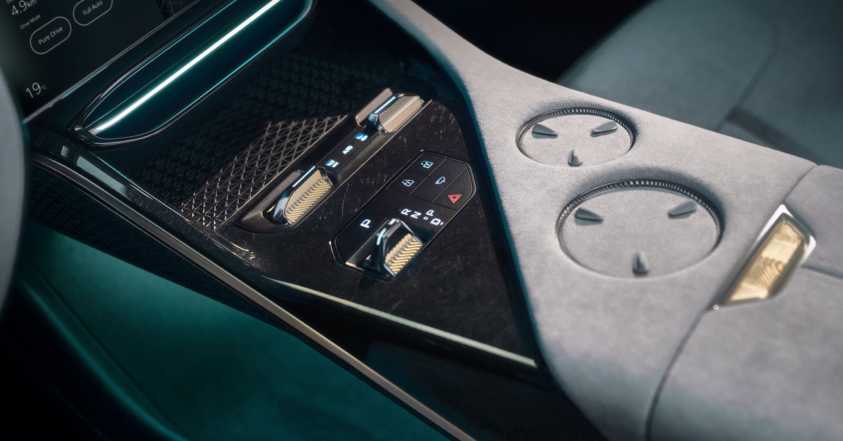 An image of the central armrest area below the touch screen of the 2023 Lotus Eletre all-electric SUV