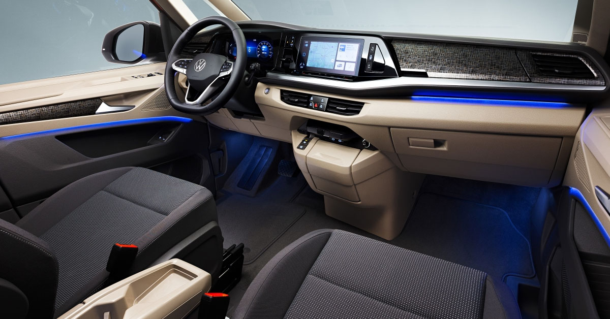 An image of the 2022 Volkswagen Multivan showing the drivers dashboard and the front seats