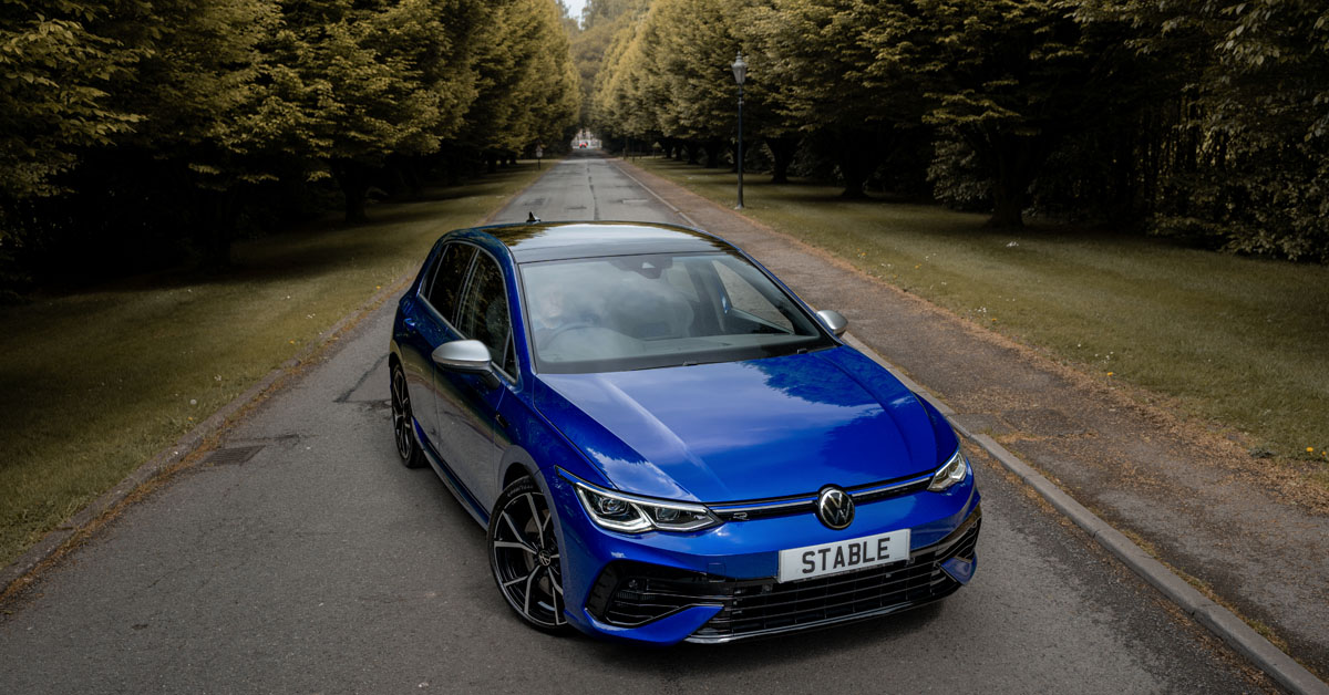 An image of a 2022 Volkswagen Golf R Hatchback in Lapiz Blue available via car leasing