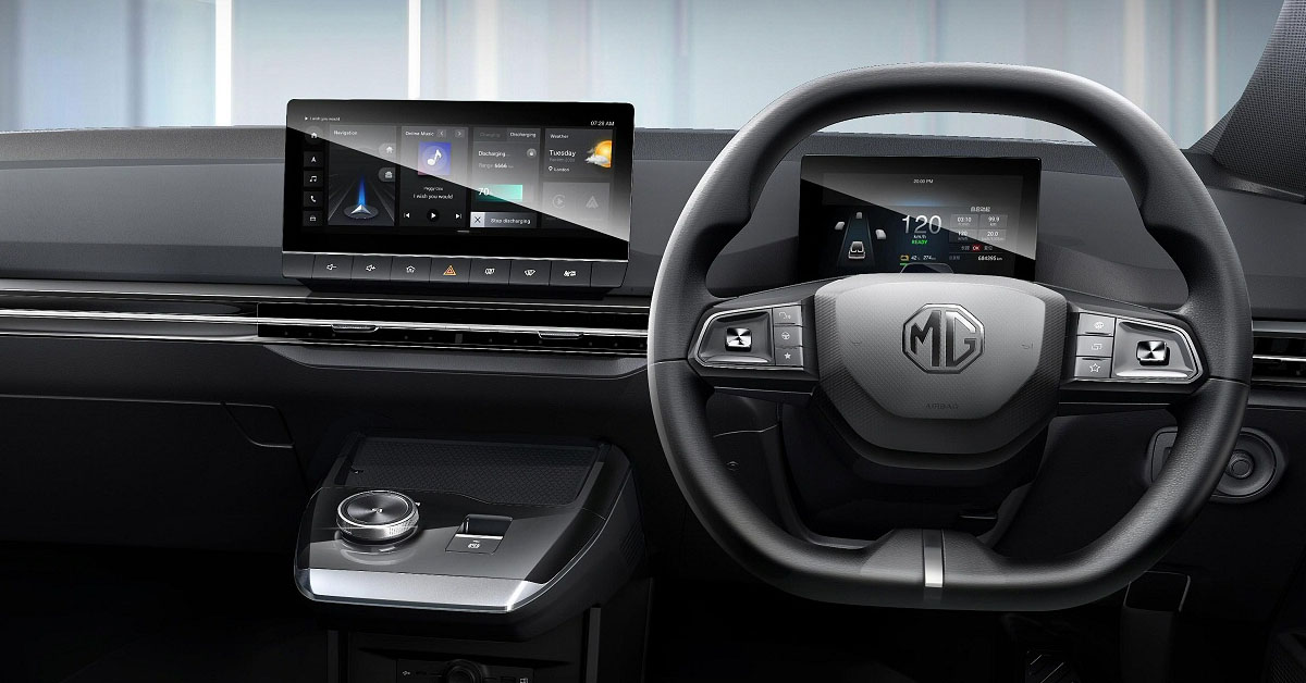 An image of the interior dashboard and steering wheel of the 2023 MG Motor UK MG4 EV Hatchback