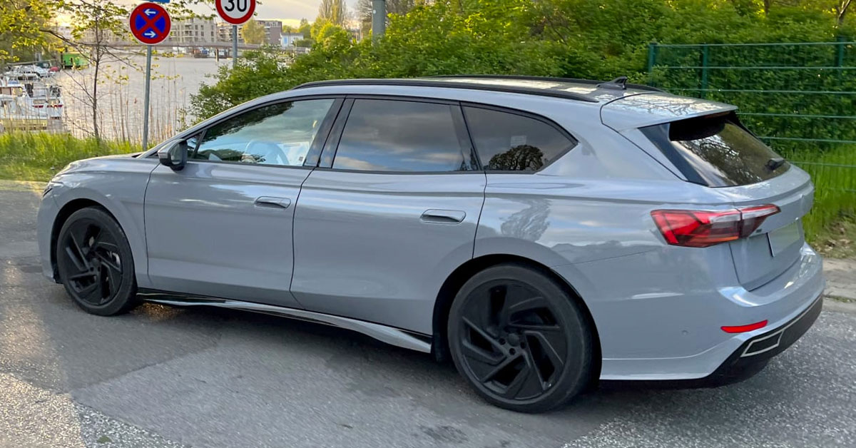 A leaked image showing the side profile and rear end of the upcoming 2024 Volkswagen ID.7 estate electric car