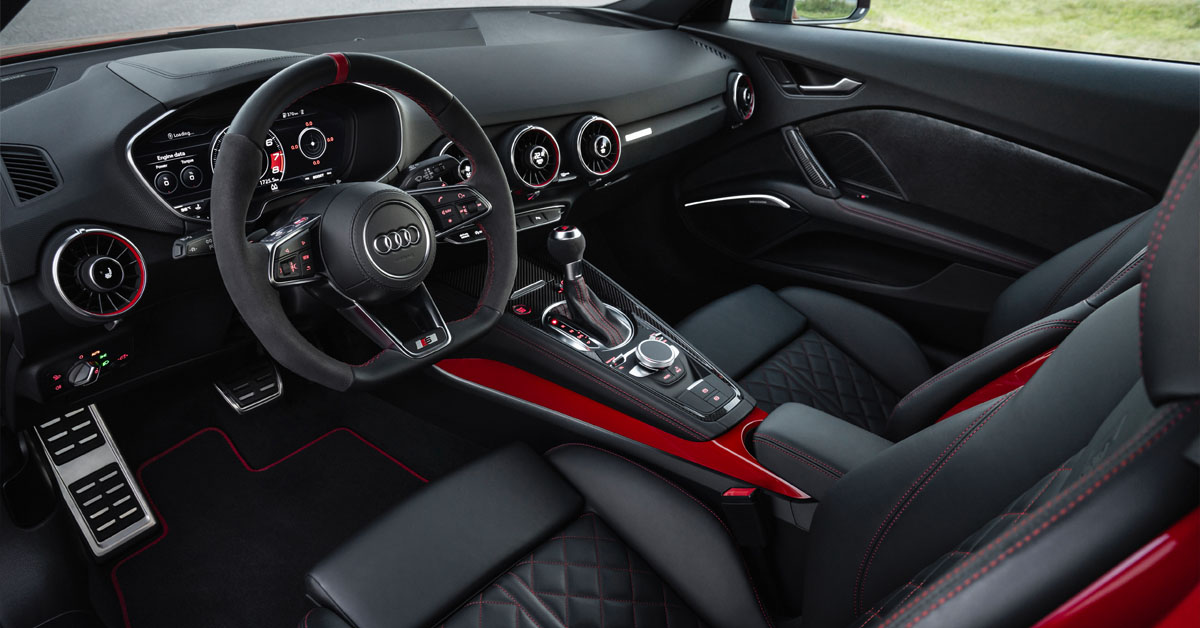 An image of the interior of the 2023 Audi TT Final Edition featuring the seats, steering wheel and leather